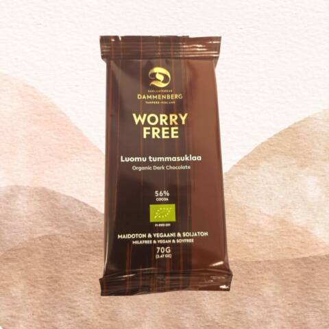 Worry free tumma suklaa levy 70g - 56 % vegaani, soijaton, maidoton, luomu