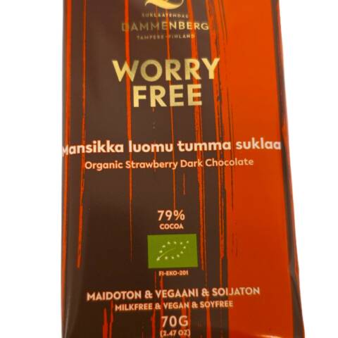 Worry free luomu 79 % mansikka tumma suklaalevy  70g